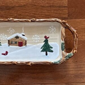 Vintage Christmas Tray with Cottage in the Snow and Cardinals